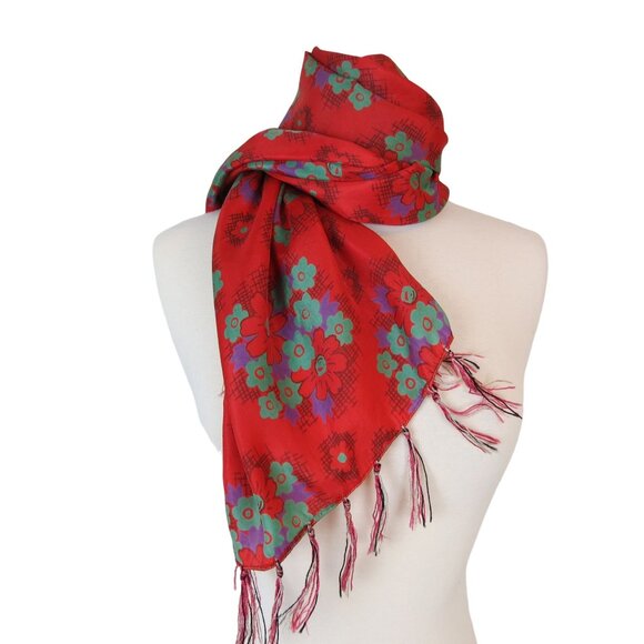 VINTAGE Red Green Purple Floral Tassel Scarf - Picture 1 of 4